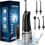 Demita Cordless Water Flosser for Teeth, 300ML 3 Modes 5 Jet Tips Portable Electric Flosser Pick for Adults, IPX7 Waterproof Oral Irrigator Cleaning Kit for, Gums, Braces Care(Black)