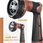 FANHAO Garden Hose Nozzle, 100% Heavy Duty Metal Water Hose Sprayer with 8 Spray Patterns, High Pressure Water Nozzle with Thumb Control, On Off Valve for Watering Plants, Washing Cars & Pets, Brown