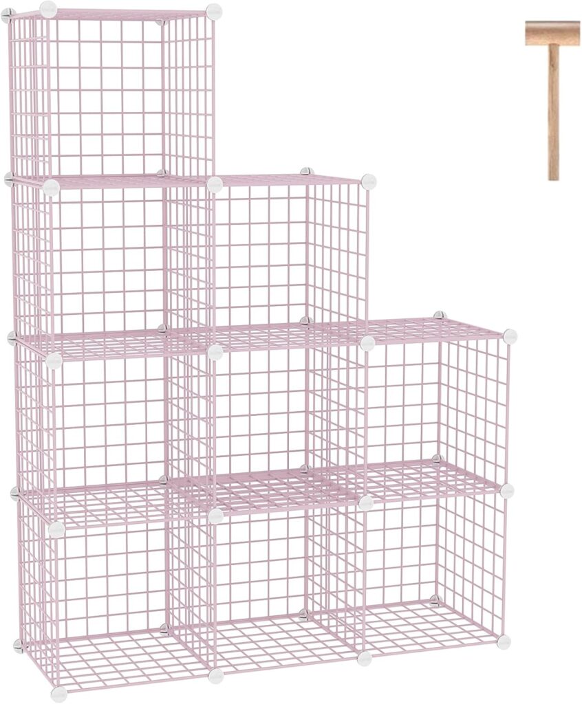 C&AHOME Wire Cube Storage, 9 – Cube Organizer Metal C Grids, Modular Shelves Units, Closet Organizer, Ideal for Home, Office, Living Room, 36.6”L x 12.4”W x 48.4”H, Pink UWCS3009P