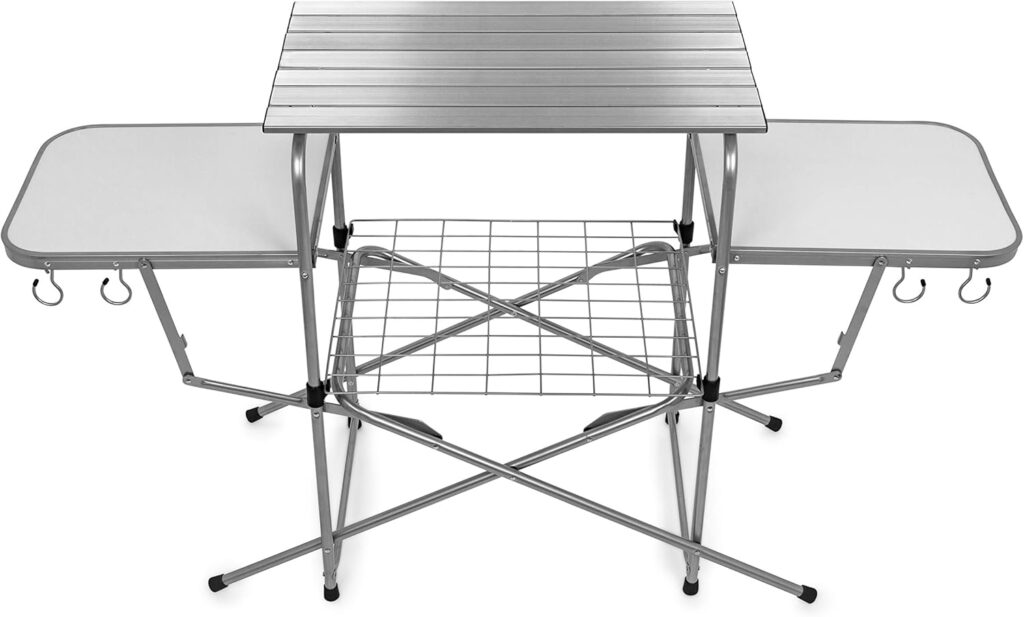 Camco Olympian Deluxe Portable Grill Table – Provides Plenty of Room for Grilling Gear While Camping – Folding Grilling Table Collapses for Compact Storage – Supports Up to 100lb (57293)