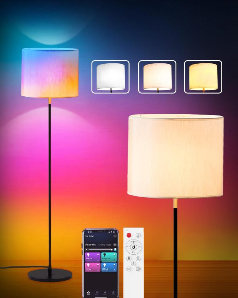 Led Floor Lamp for Living Room: Modern Standing Tall Floor Lamp for Bedroom – Smart APP Control – RGB Light 16 Million Colors with Decorative Lampshade