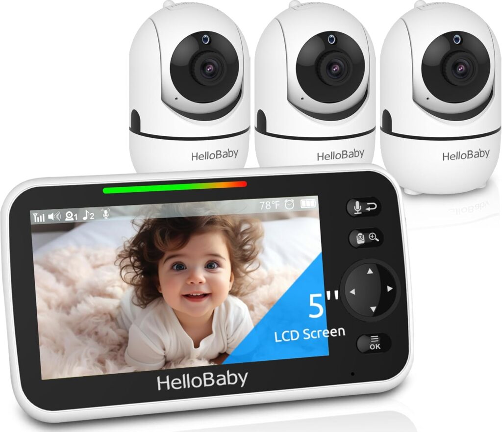 HelloBaby HB6550 5″ Baby Monitor 3 Cameras, 26-Hour Battery, Pan-Tilt-Zoom,1000ft Range Video Audio Baby Monitor No WiFi, VOX, Night Vision, 2-Way Talk, 8 Lullabies and Temperature, ECO, Ideal Gifts