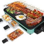 1500W Electric Indoor Grill,2 in 1 Portable Smokeless Indoor Raclette Table Grill,Korean BBQ Grill for Kitchen with Grill Net & Non-Stick Cooking Removable Plate 5 Temperature Control,Dishwasher Safe