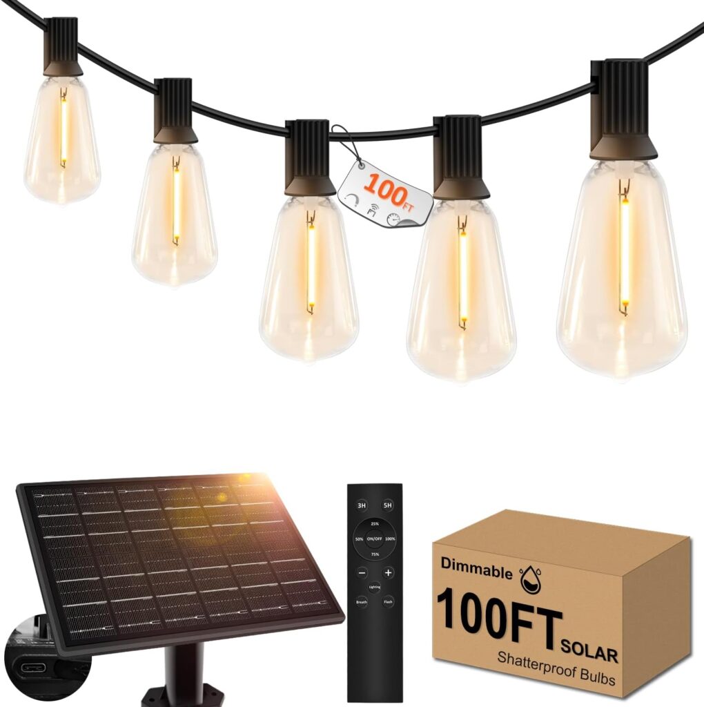 100ft Solar Outdoor String Lights with Remote – USB Rechargeable Solar Powered Outdoor Patio Lights, Larger 3.5W Solar Panel , Timer, Dimmable Shatterproof ST38 Bulbs for Backyard, Porch, Garden, Pool