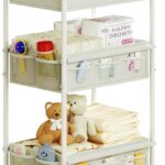 3-Tier Baby Diaper Caddy Cart Organizer,Mobile Nursery Storage Cart with Wheels,With 2 Dividers & 14 Mesh Pockets Durable Metal Utility Cart for Nursery, Bedroom, Bathroom Essentials Organization