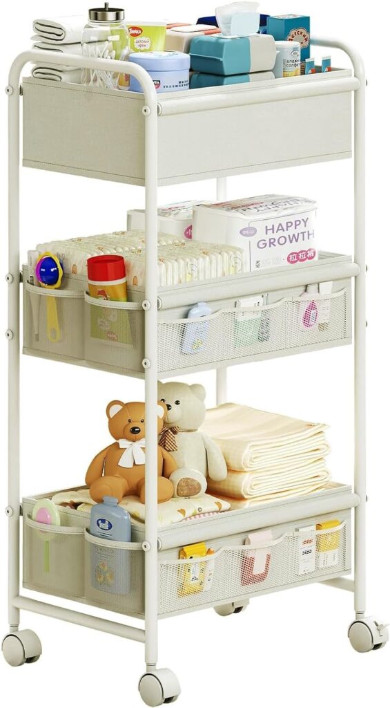 3-Tier Baby Diaper Caddy Cart Organizer,Mobile Nursery Storage Cart with Wheels，With 2 Dividers & 14 Mesh Pockets Durable Metal Utility Cart for Nursery, Bedroom, Bathroom Essentials Organization