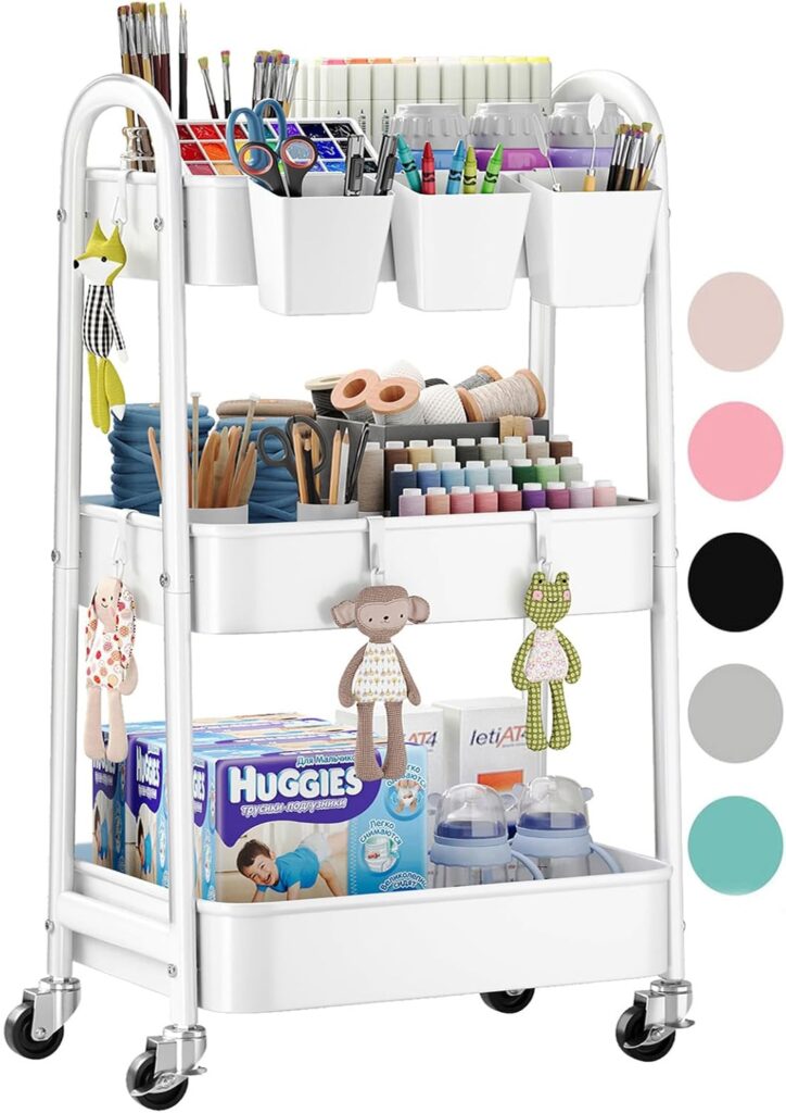 3 Tier Rolling Cart Metal with Wheels, Heavy Duty White Three Tiered Craft Cart Organizer on Wheels, Utility Roller Storage Carts for Art, Baby Nursery, Diaper Caddy, Snack,Book,Nail,Cleaning Supplies