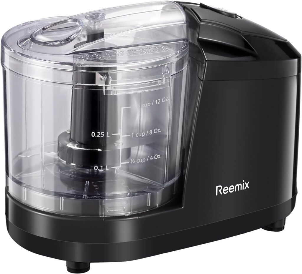 Reemix 1.5-Cup One-Touch Electric Food Chopper, 100W Mini Food Processor Meat Grinder, Mix, Chop, Mince and Blend Vegetables, Fruits, Nuts, Meats, Stainless Steel Blade (Black)