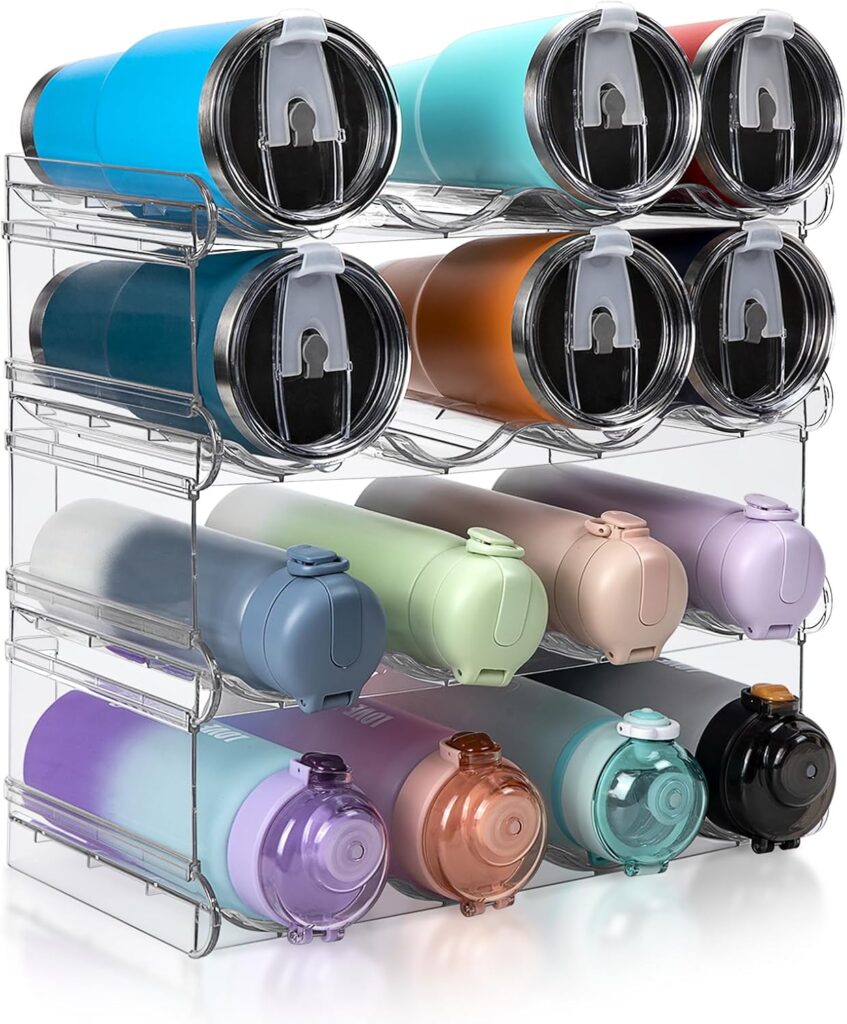 Stackable Water Bottle Organizer, Large Compartment Water Bottle Holder, 4 Tier Clear Water Bottle Organizer for Cabinet, Bottle Rack for Kitchen Organization and Storage – Hold 16 Bottles