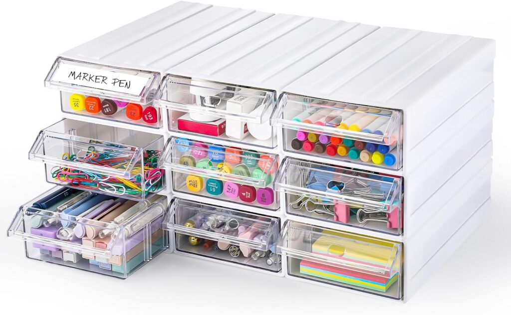 9 Pcs Stacking Office Drawer Organizers – Desktop & Wall Mounted 9 Drawer Storage Closet with 18pcs Clear Dividers Multifunctional Organizer Rack with 9pcs Tag Card for Home Small Items