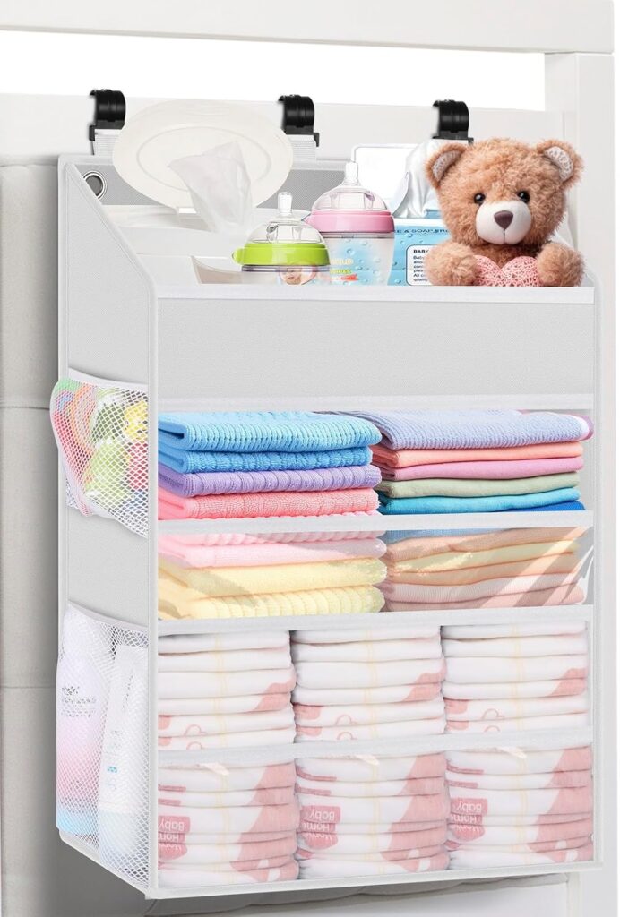 Hanging Diaper Caddy Organizer Crib Organizer–Spacious Baby Girl/Boy Nursery Organizer for Changing Table, Playpen/Wall- Hold 90+ Diaper (White)