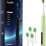 7AM2M Sonic Electric Toothbrush for Adults and Kids, 40000VPM Power Rechargeable Toothbrushes, 5 Modes, with 4 Brush Heads, 2 Minutes Built in Smart Timer,One Charge for 60 Days (Green)