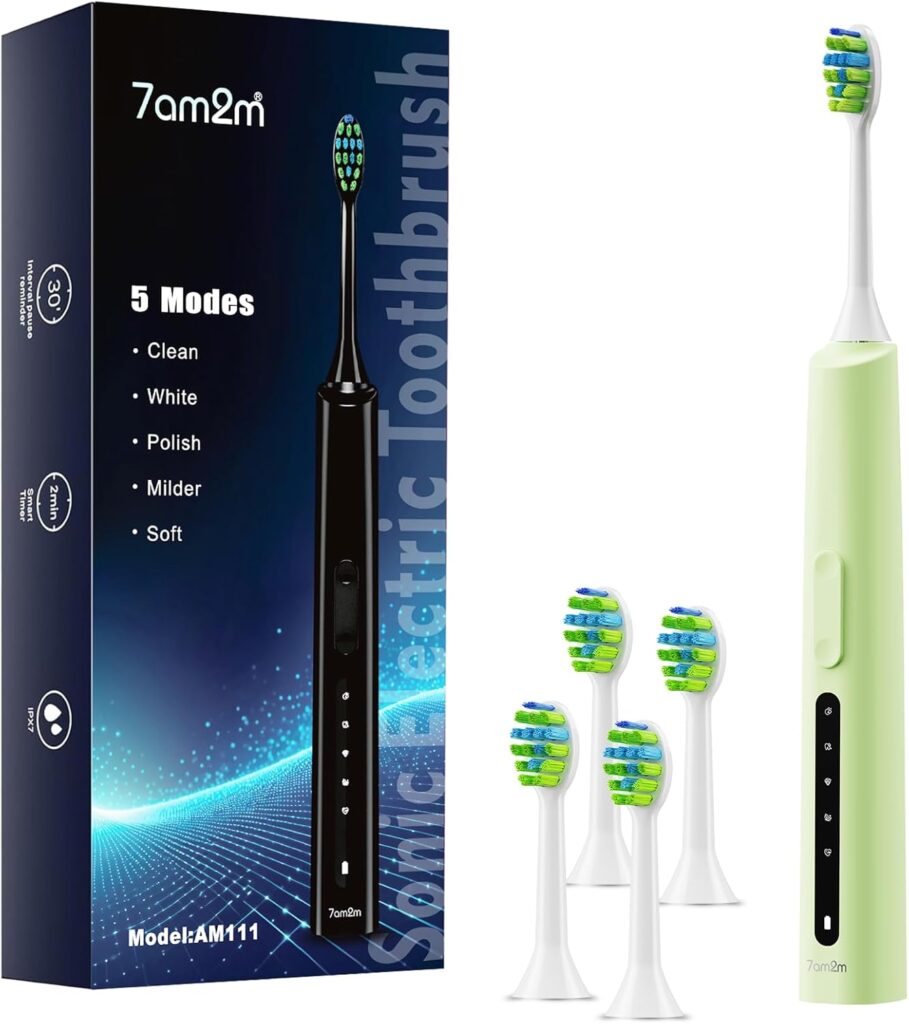 7AM2M Sonic Electric Toothbrush for Adults and Kids, 40000VPM Power Rechargeable Toothbrushes, 5 Modes, with 4 Brush Heads, 2 Minutes Built in Smart Timer,One Charge for 60 Days (Green)