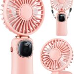 coldSky Portable Handheld Fan, 4000mAh Battery Operated with LED Display, Handheld/Neck/Desk 3 in 1 Personal Small Fan, 90° Foldable Desk Fan with Base, 5 Speed Lash Makeup Fan for Women