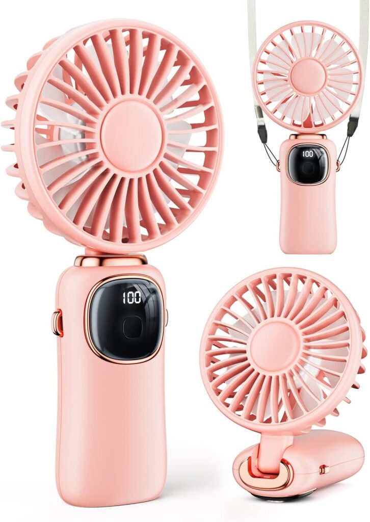 coldSky Portable Handheld Fan, 4000mAh Battery Operated with LED Display, Handheld/Neck/Desk 3 in 1 Personal Small Fan, 90° Foldable Desk Fan with Base, 5 Speed Lash Makeup Fan for Women