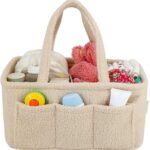 Baby Diaper Caddy Organizer – Soft Beige Sherpa with 3 Removable Compartments & 6 Side Pockets – Perfect Nursery Storage Bin & Car Organizer for Diapers, Baby Wipes, and Essential Supplies.