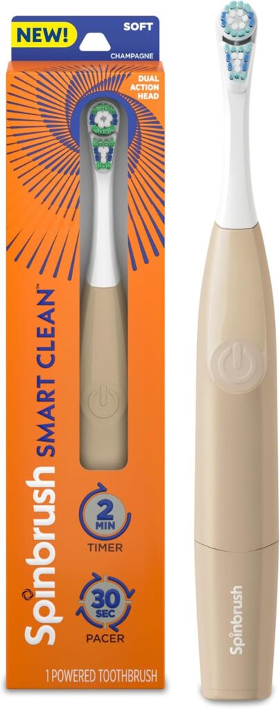 Spinbrush Smart Clean Battery Powered Electric Toothbrush for Adults with Dual Action Head, Pacer & Timer, Champagne, Soft Bristles, 1 Count