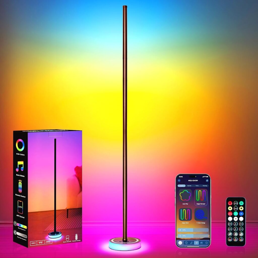 Smart RGBICW Corner Floor Lamp with App & Remote Control – 16 Million Colors, Music Sync, Timer Setting, Dimmable Ambient Lighting LED Standing Lamp for Bedroom, Living Room, Gaming Room & Home Decor