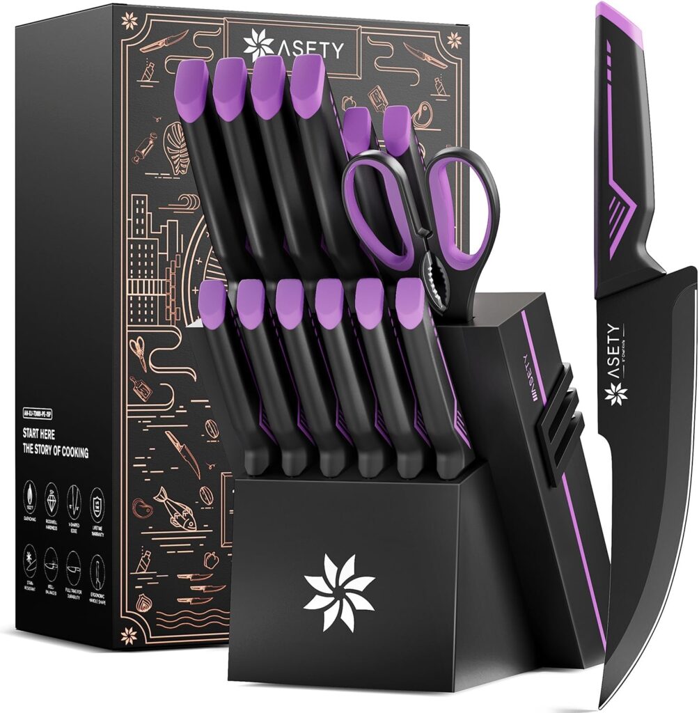Knife Set – 15 PCS Kitchen Knife Set with Built-in Knife Sharpener Block – Stainless Steel Knife Block Set – Dishwasher Safe, Elegant Box for Men Women