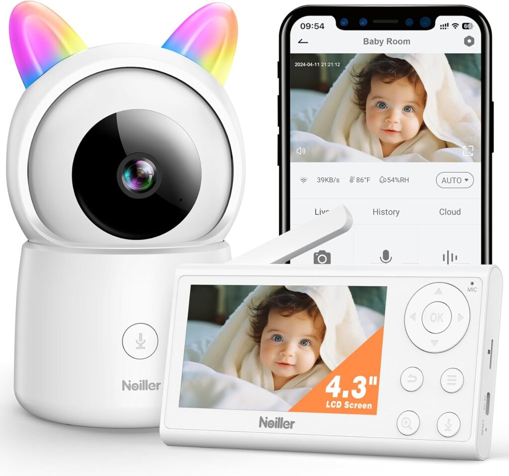 Baby Monitor, 4.3″ Video Baby Monitor with 1080P Camera, Smart 2.4G WiFi Audio Monitor with Remote PTZ, Night Vision, 2-Way Talk, Sleep Mode, RGB Night Lights, Lullabies & 1000ft Range, APP Control