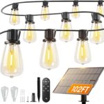 addlon 102FT(96+6) Solar String Lights Outdoor Waterproof – 30+2 LED Shatterproof Bulbs, 3 Modes, 8H Timeable & Dimmable, Patio Solar Powered Hanging Lights with Remote for Garden Backyard Camping