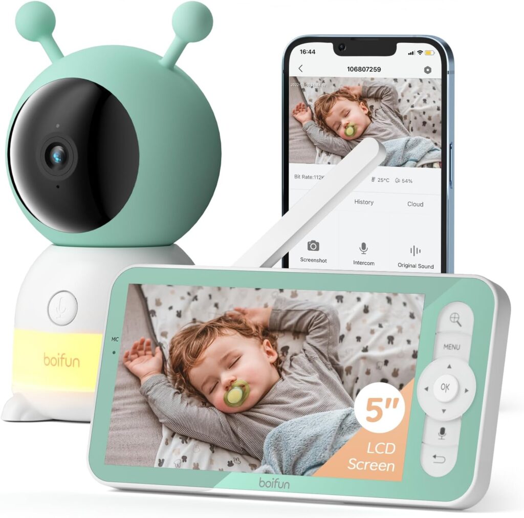 BOIFUN 2K WiFi Baby Monitor with Camera and Audio,Smartphone APP, Colorful Night Light, Smart AI Motion & Sound & Humidity & Temperature Detection, Auto Tracking,5-Inch Monitor Control, Night Vision