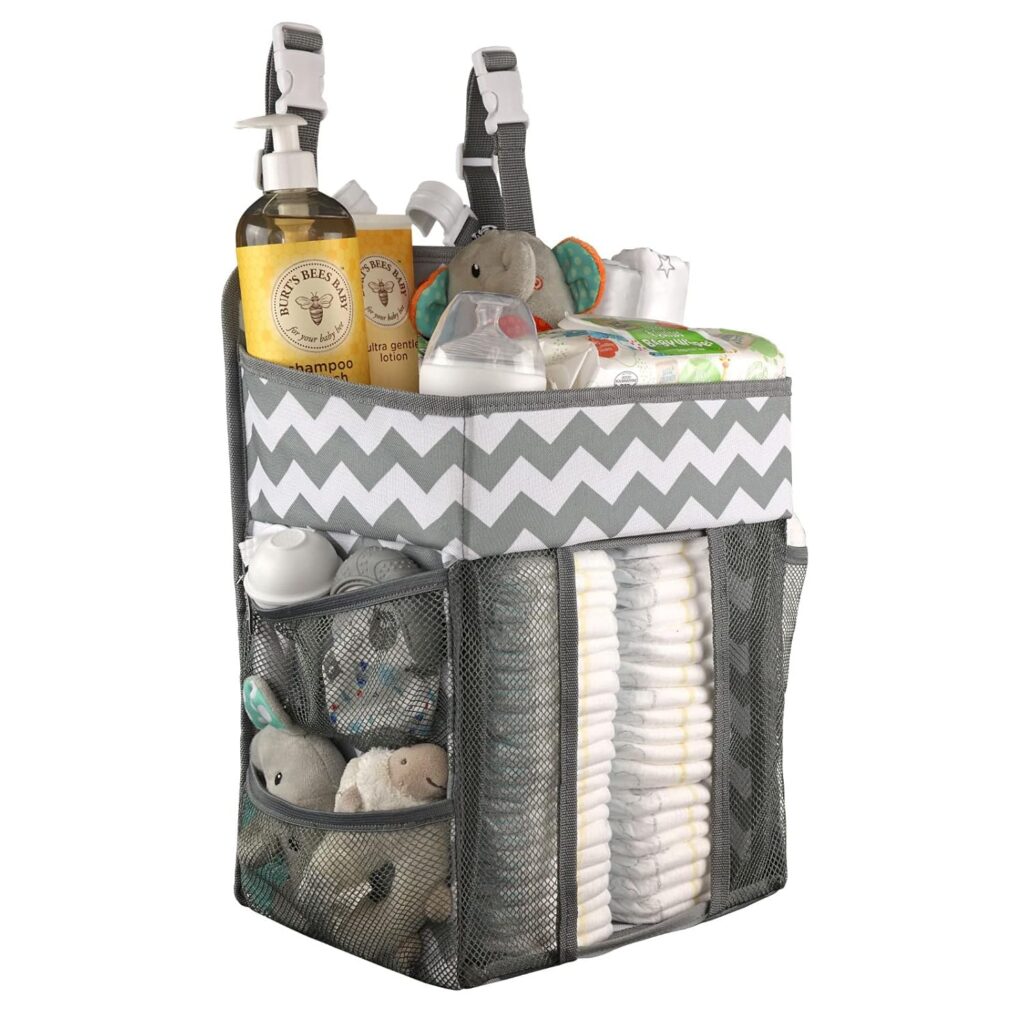 Hanging Diaper Caddy Organizer – Large Nursery Storage for Essential Newborn Baby Items – 2 Compartments, 3 Mesh Pockets – Durable Hooks to Hang on Bassinet, Changing Table, Crib