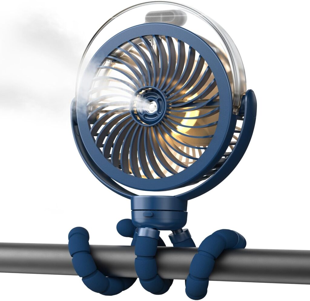 Misting Stroller Fan – 6000mAh Portable Cooling Fan with Mist Function, Rechargeable Clip-On for Stroller, Gym, Office, Camping