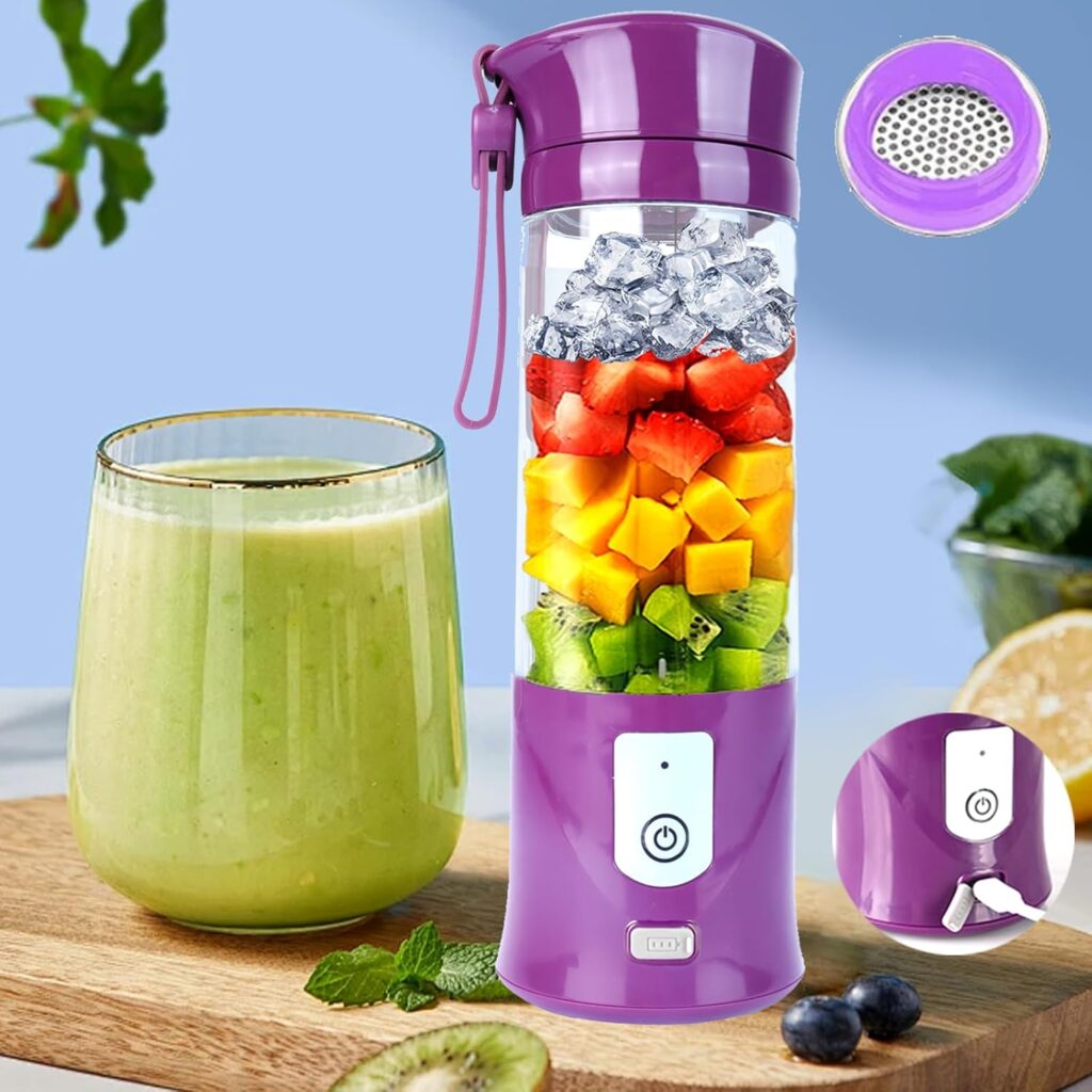 Portable Personal Blender,13oz Cordless Juicer Cup,Serrated 6 Blade,with Filter,USB Rechargeable and Self Cleaning,Ideal for Smoothies,Ice Blending,Juicing,Mini Blender for Travel Sports Outgoing