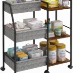 Baby Diaper Caddy Organizer Cart, 3-Tier Rolling Wheels Cart with Dividers and Shelves, Bedside Utility Cart for Nursery Essentials, Large Capacity Mobile Storage Cart for Crib, Bedroom