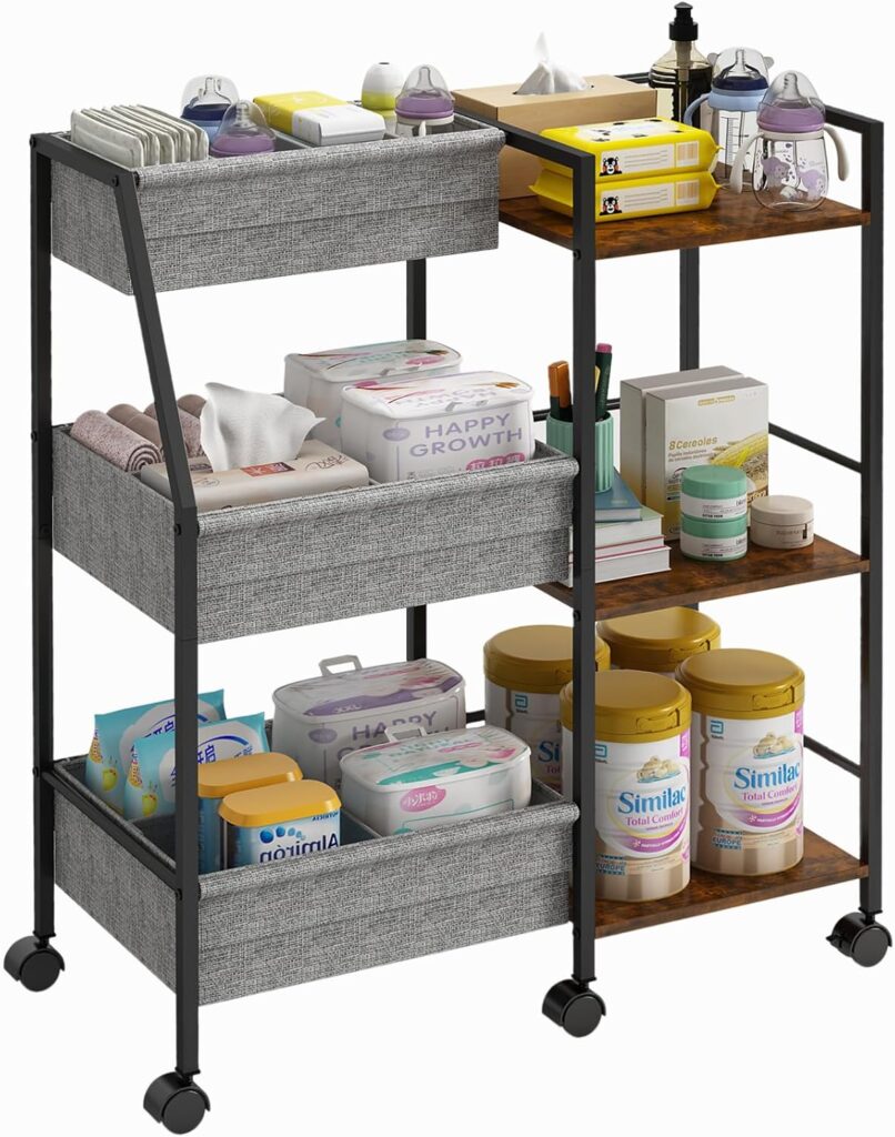 Baby Diaper Caddy Organizer Cart, 3-Tier Rolling Wheels Cart with Dividers and Shelves, Bedside Utility Cart for Nursery Essentials, Large Capacity Mobile Storage Cart for Crib, Bedroom