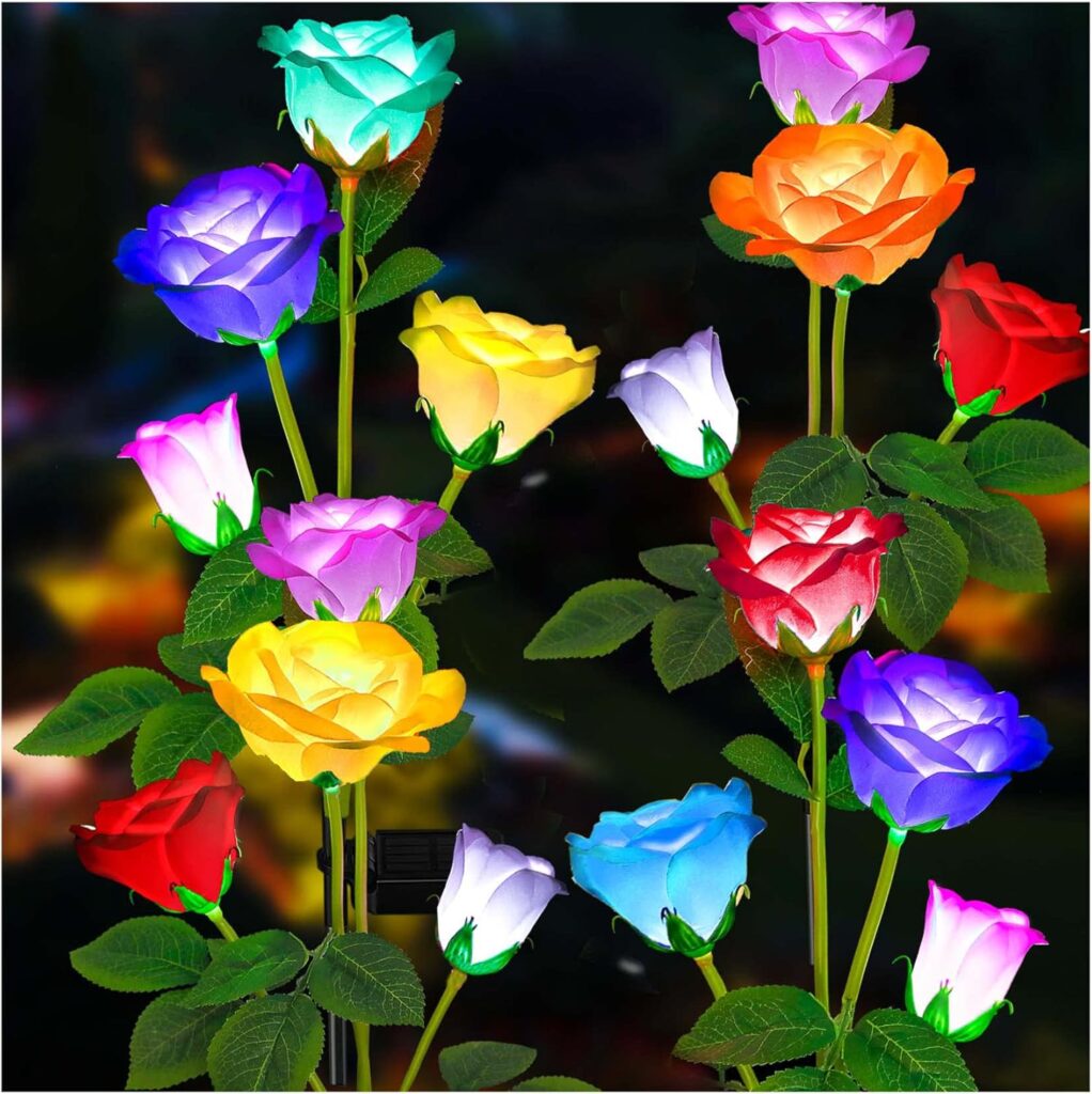 TONULAX Solar Garden Lights – Upgraded Outdoor Light, 7 Color Changing Rose Lights for Yard,Garden Decoration, Enlarged Solar Panel, More Realistic Rose Flower (4 Packs)