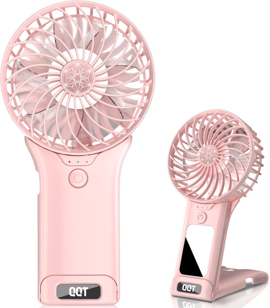 QQT Mini Handheld Fan,4 Speed Adjustable Portable Battery Operated Fans,USB Rechargeable Desk Fan with Mirror,Max 20 Hrs Hand Fan For Travel Office Outdoor Women Men (Pink)