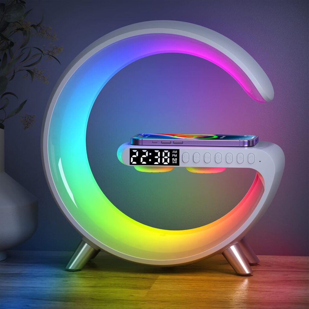 BKDRL Bluetooth Speaker Lamp with Wireless Charger, RGB Night Light, Alarm Clock, App Control – White