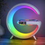 BKDRL Bluetooth Speaker Lamp with Wireless Charger, RGB Night Light, Alarm Clock, App Control – White