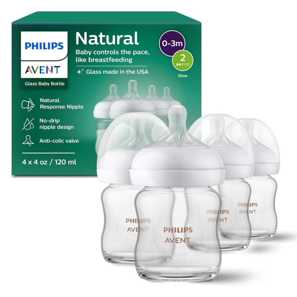 Philips Avent Natural Glass Baby Bottles with Natural Response Nipples (Slow Flow, Flow 2), 4oz, 4-Pack, SCY910/04