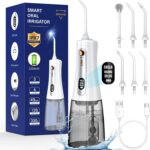 Water Flosser Portable, 350ML Large Tank with 5 Pressure Settings, Cordless Rechargeable Oral Irrigator with 6 Tips, OLED Display, IPX7 Waterproof for Travel & Home Use