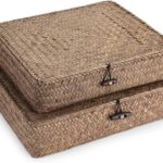 Hipiwe Set of 2 Flat Woven Wicker Storage Bins with Lid Natural Seagrass Basket Multipurpose Home Boxes for Shelf Organizer (Coffee)