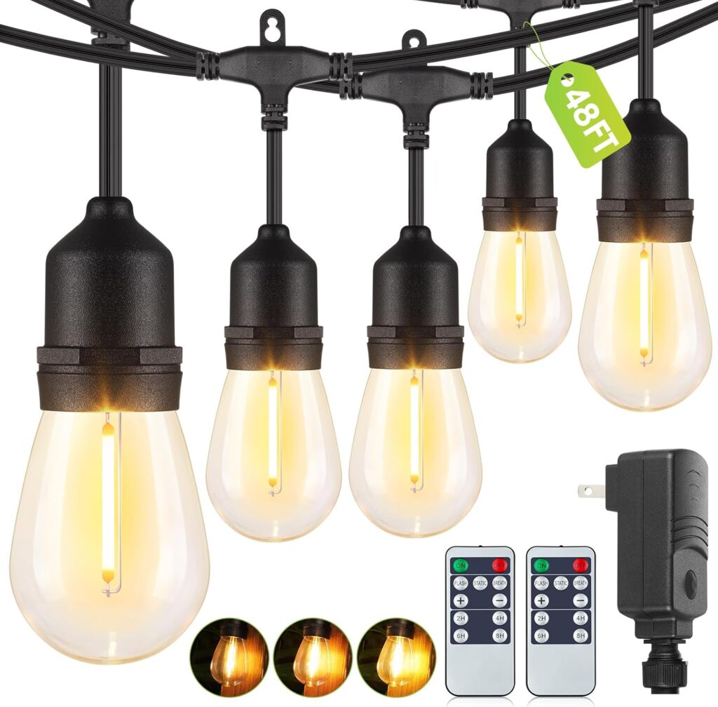 48FT Outdoor String Lights with Remote, Dimmable Patio Lights with 15+2 LED Waterproof Shatterproof Bulbs 3 Modes 4 Timers for Backyard, Black