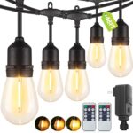48FT Outdoor String Lights with Remote, Dimmable Patio Lights with 15+2 LED Waterproof Shatterproof Bulbs 3 Modes 4 Timers for Backyard, Black