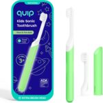 Quip Sonic Toothbrush for Kids with Timer – Includes Extra Brush Head and Travel Cover Mount – Electric, Soft Bristle Refill Head, Rubber Handle, 3 Month Battery Life – Glow in The Dark, Green