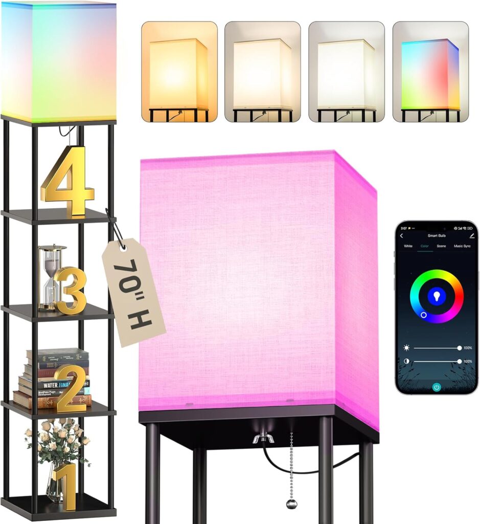 addlon 5-Tier Floor Lamp with Shelves, Modern Shelf Lamp with RGB Smart Bulb, APP Control Standing Lamp with White Lamp Shade, Floor lamp for Living Room, Bedroom (70” H, Black)