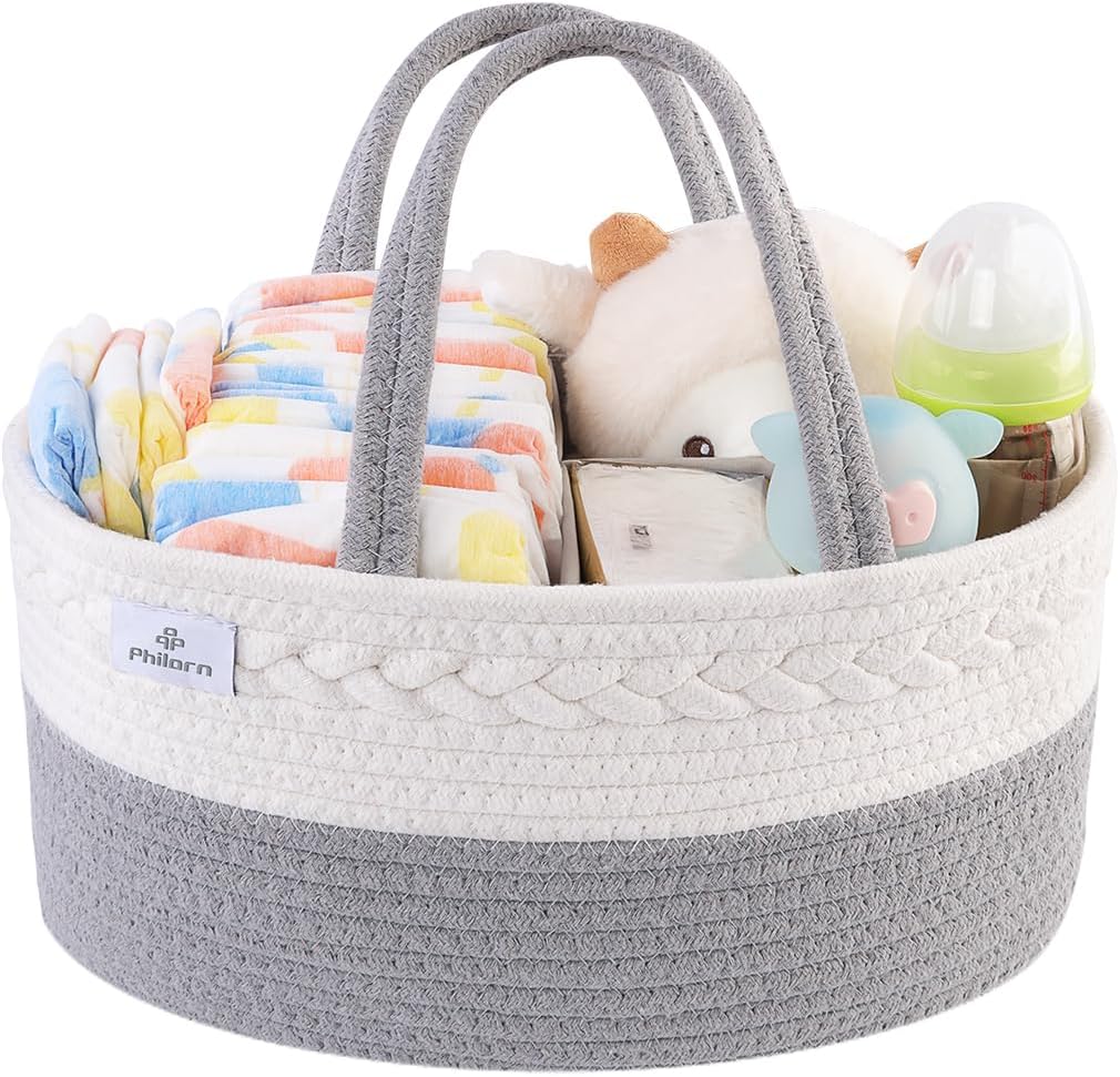 PHILORN Diaper Caddy Organizer, Cotton Rope Diaper Caddy Basket, Woven Diaper Caddy with Dividers, Nursery Storage Basket for Changing Table, Car Diaper Caddy, Baby Shower Gifts
