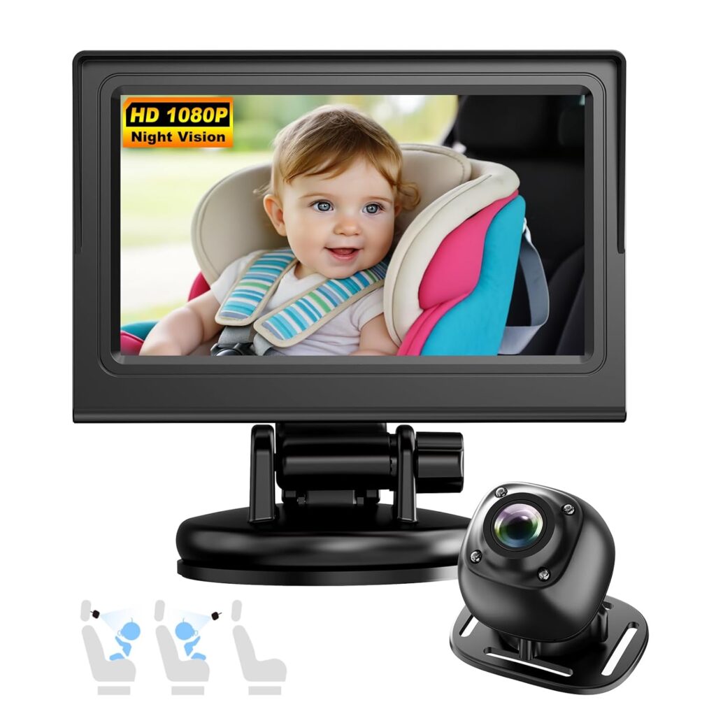Baby Car Camera Monitor for Backseat – Baby Car Mirror – Safety Rear Facing Infant Back Seat Camera with 4.3″ Display, HD 1080P, Night Vision, Easy Installation – Black