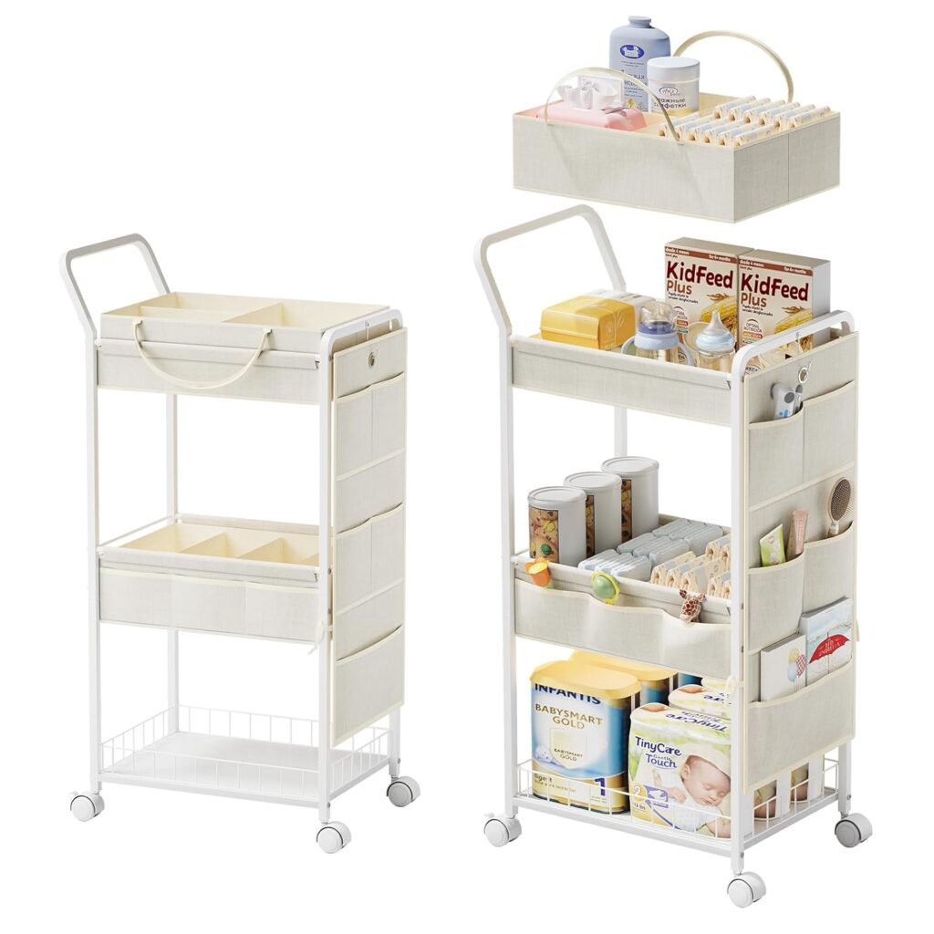 BBLIKE 3-Tier Diaper Caddy Organizer – Rolling Utility Baby Cart with Basket and Side Pockets for Nursery and Baby Essentials, Multi-Function Cart for Bedroom and Bathroom, Begie