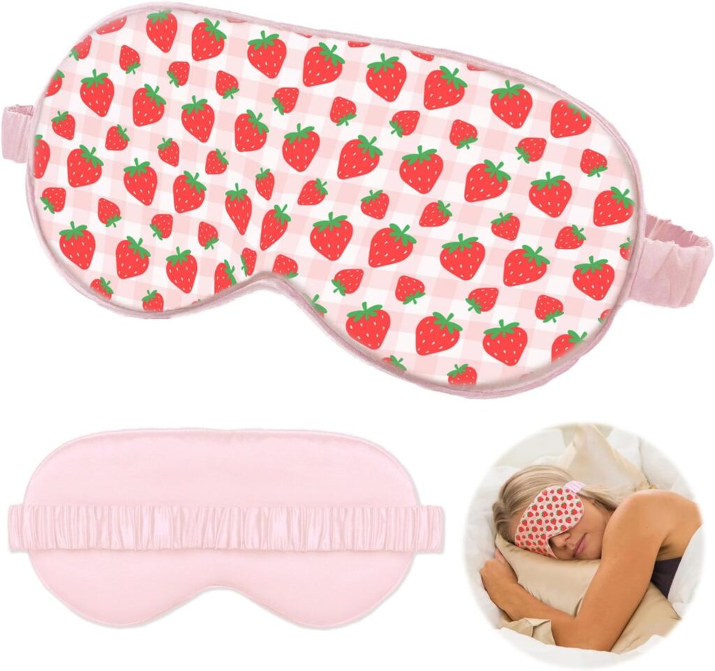 Strawberry Sleep Eyes Mask for Women, Soft Smooth Lightweight Mulberry Silk with Adjustable Straps, Silk Eye Mask for Sleeping Cute Cartoon Kids Sleep Mask for Boys Girls Teens Soft Smooth