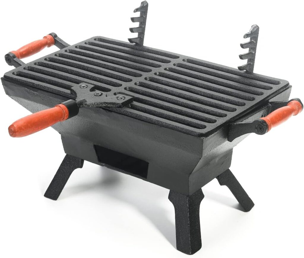 Sungmor Compact Cast Iron Charcoal Grill – Tabletop BBQ Grill with Adjustable Grate & Wooden Handles, 12” x 7” Ideal for 1-3 People – Portable Heavy-Duty Grill for Camping, Balcony & Small Spaces