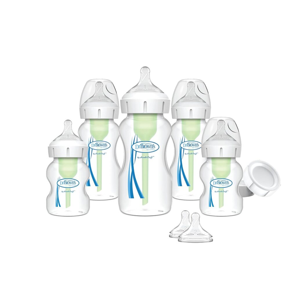 Dr. Brown’s Natural Flow Anti-Colic Options+ Wide-Neck Baby Bottle Newborn Feeding Set with Baby Bottle Travel Caps
