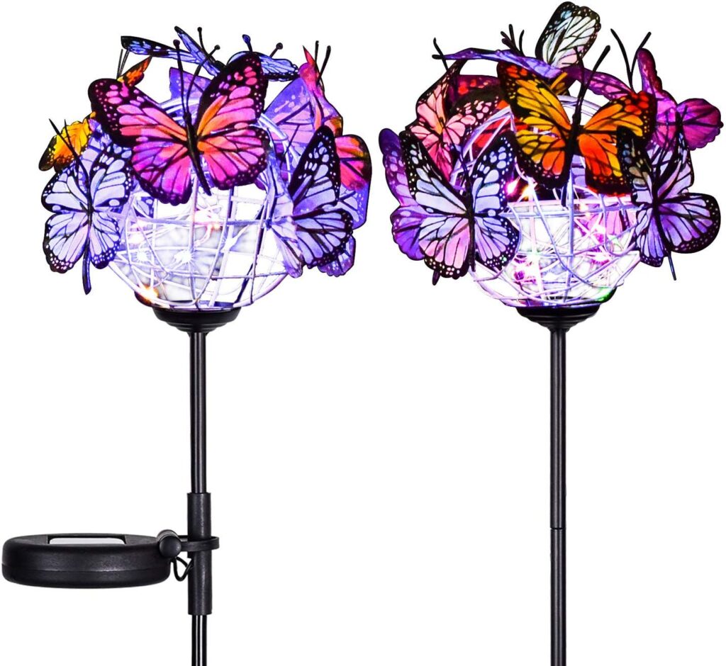 Outdoor Solar Garden Lights – 2 Pack Solar Powered Garden Stake Lights with 18 Butterflies and Copper String Lights, Multicolor
