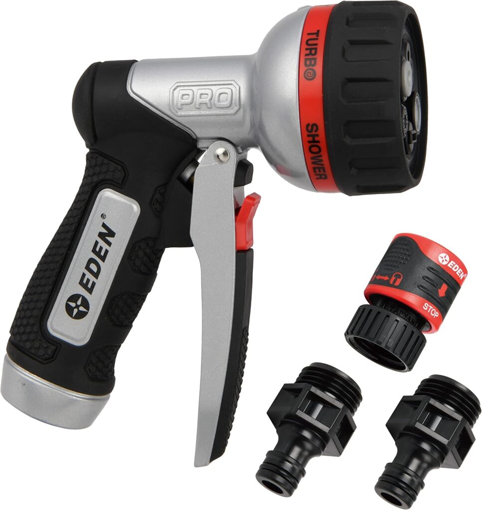 Eden PRO 94833 Metal Front Trigger 6-Pattern Turbo Nozzle, Heavy Duty Hose Sprayer for Garden, Plants, Lawns, Quick Connect Set Included